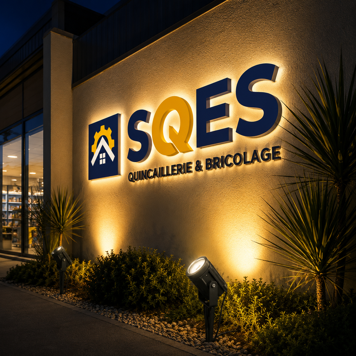 Éclairage façade enseigne extérieur – SQES Quincaillerie Bricolage Ariana Menzah 8 Tunisie