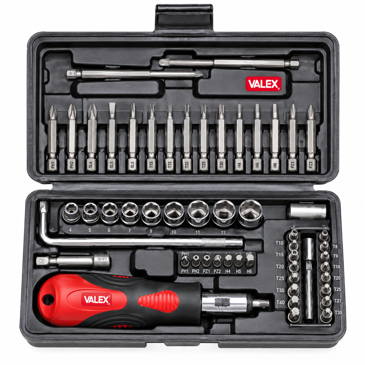 Coffret cliquet réversible 1/4 avec embouts et douilles, 52 pièces VALEX 1463569 pour vissage, serrage et maintenance | SQES Tunisie