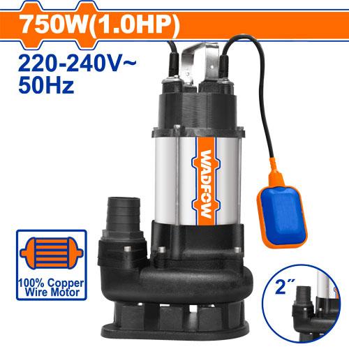 Pompe vide-cave submersible inox WADFOW WWPWA03 750 W / 1 HP, débit maximal 300 L/min, HMT maximale 13 m, sortie 2 pouces, moteur cuivre et câble 9 m, pour évacuation d’eaux sales compatibles | SQES Tunisie