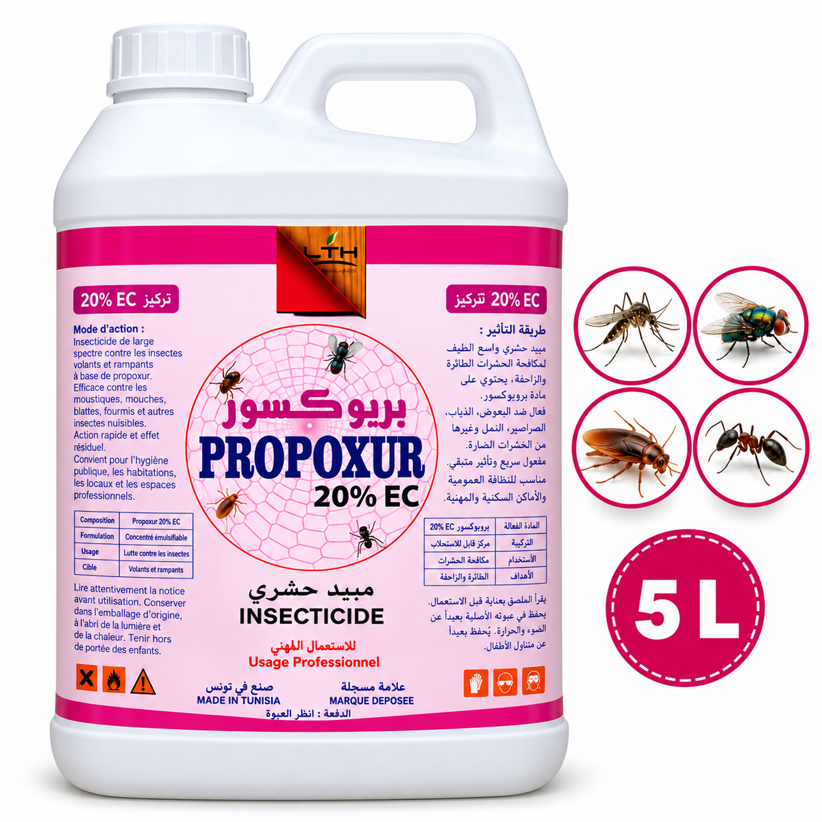 Bidon blanc d’insecticide PROPOXUR 20 % EC LTH de 5 L avec poignée, étiquette rose et illustrations de moustique, mouche, cafard et fourmi