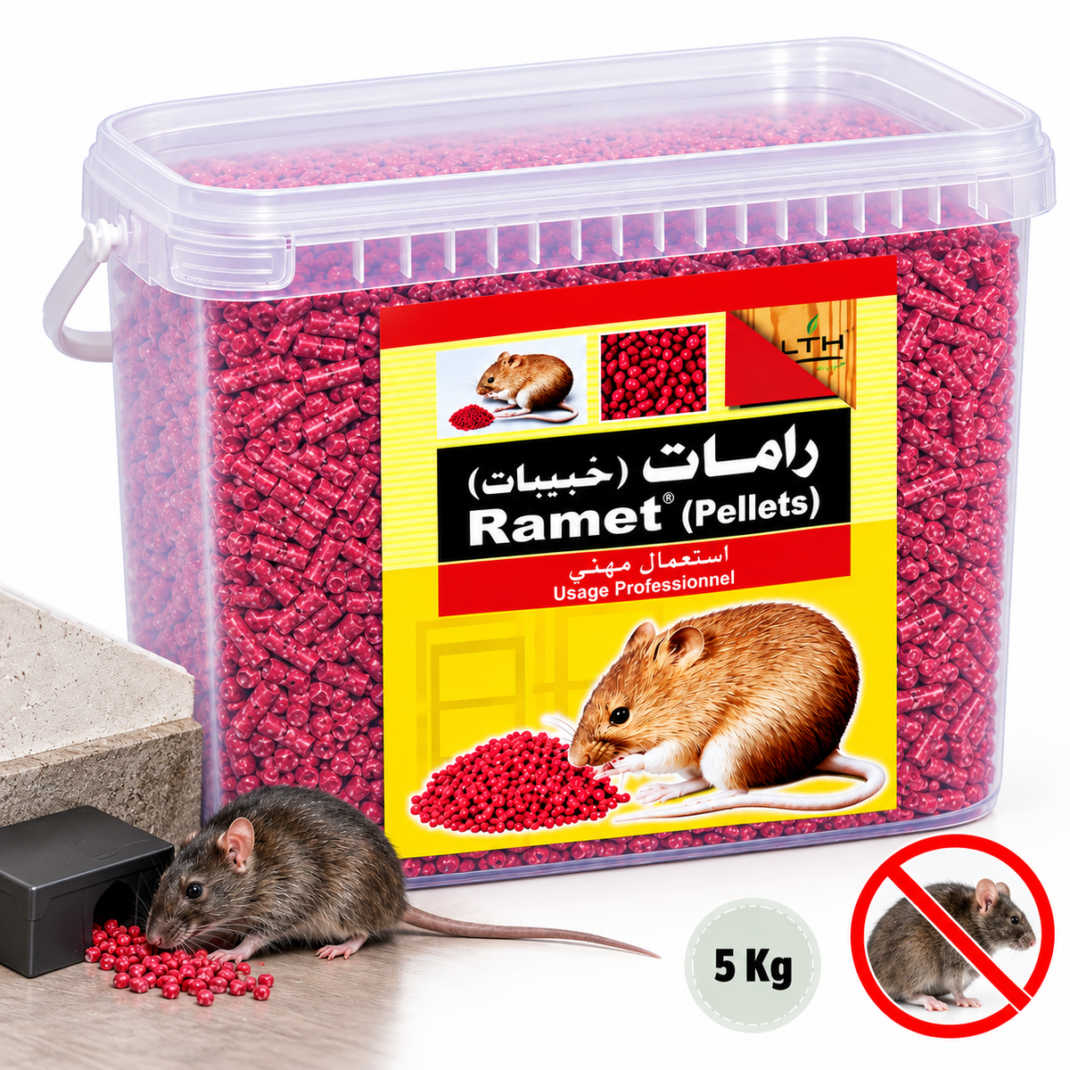 Seau transparent de RAMET Pellets LTH de 5 kg contenant des granulés raticides rouges, avec illustration d’un rat
