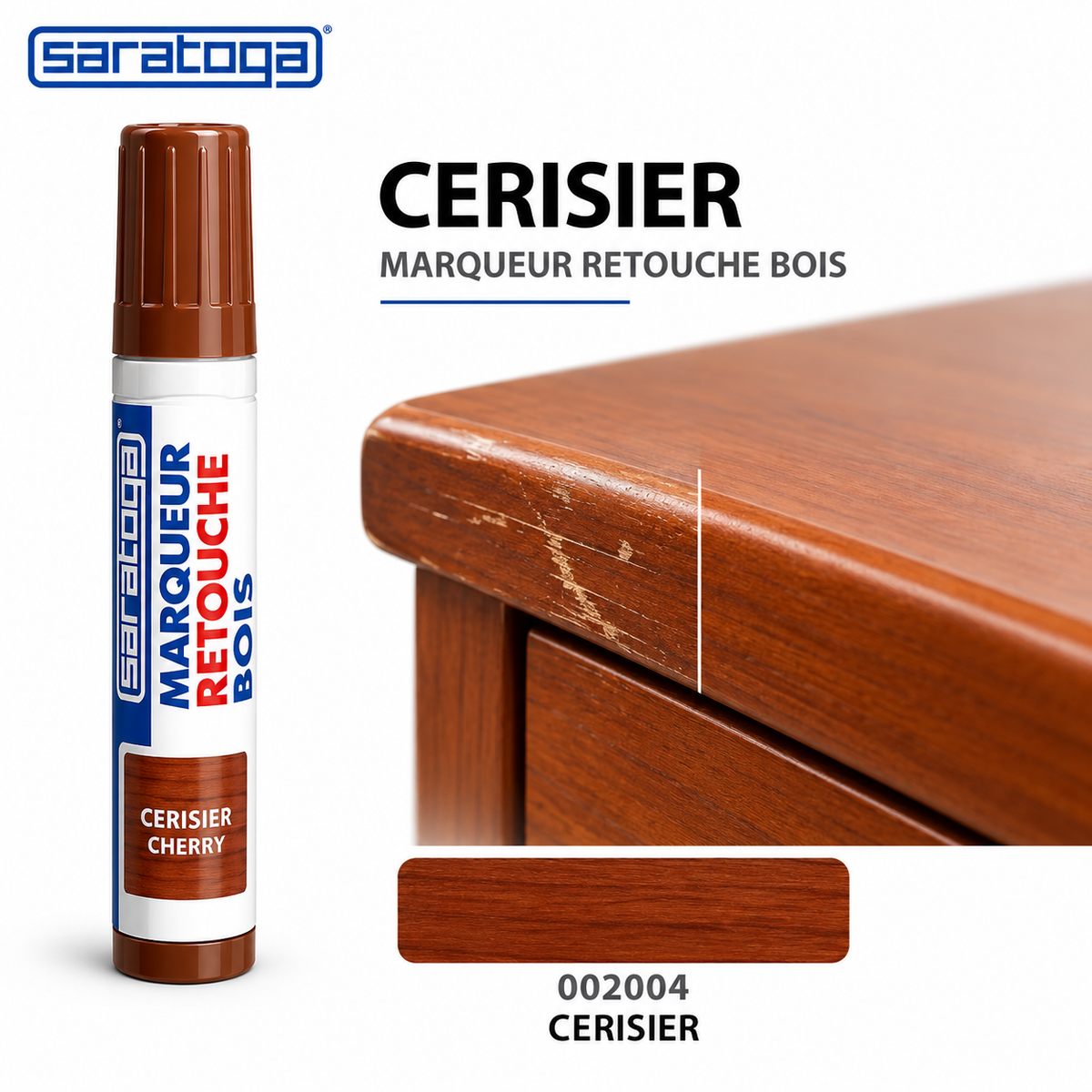 Marqueur retouche bois SARATOGA Cerisier réf. 002004, réparation de rayures sur bois cerisier — visuel illustratif