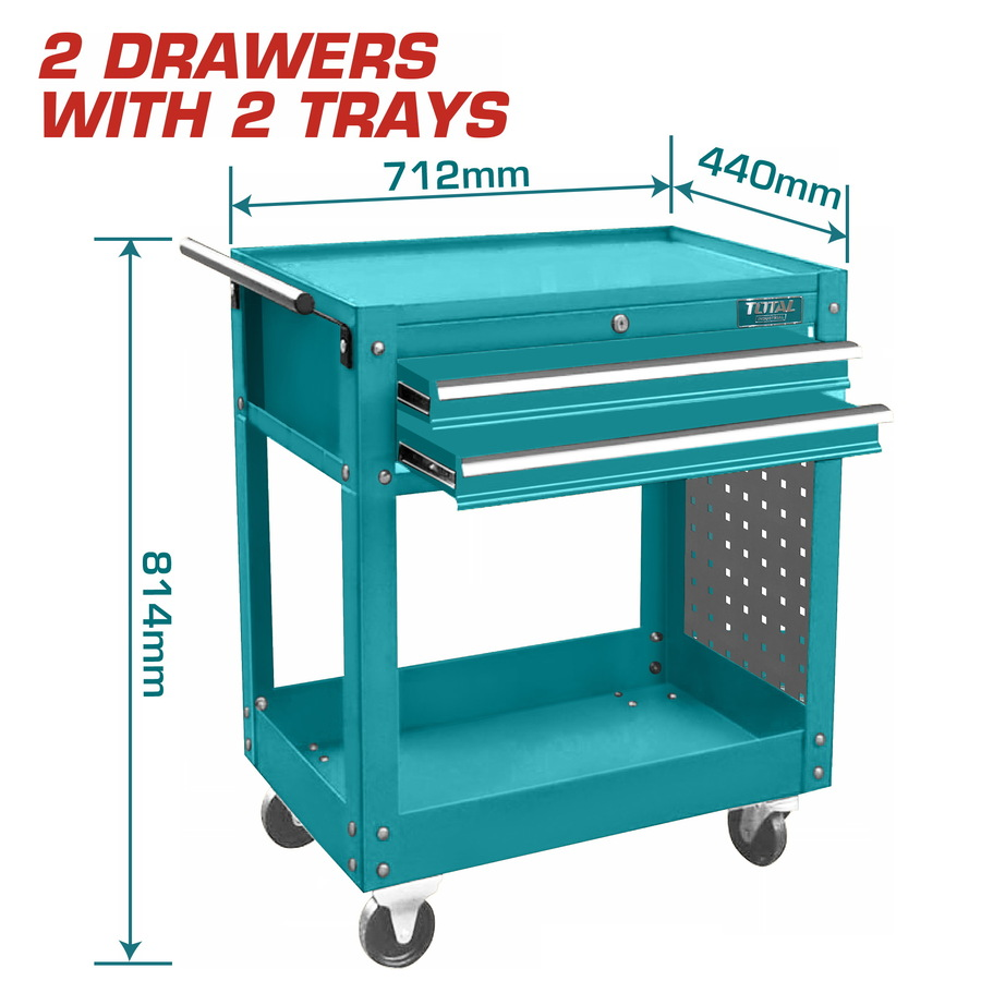 Chariot à outils TOTAL THPTC201, 2 tiroirs sur roulements à billes, dimensions 712 × 440 × 694 mm hors roulettes, pour rangement d’atelier | SQES Tunisie