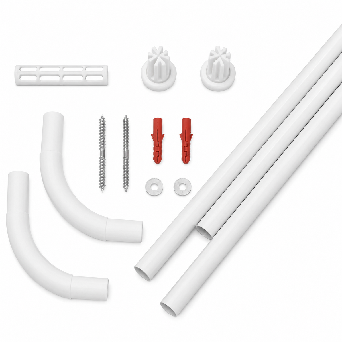 Tringle de rideau de douche d’angle blanche installée dans une salle de bain moderne avec carrelage blanc et rideau de douche suspendu.