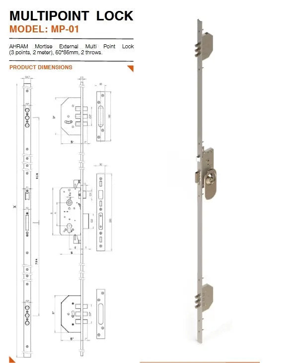 Serrure encastre 3 points - Longueur 2M - 50X85MM - Chrome - SQES
