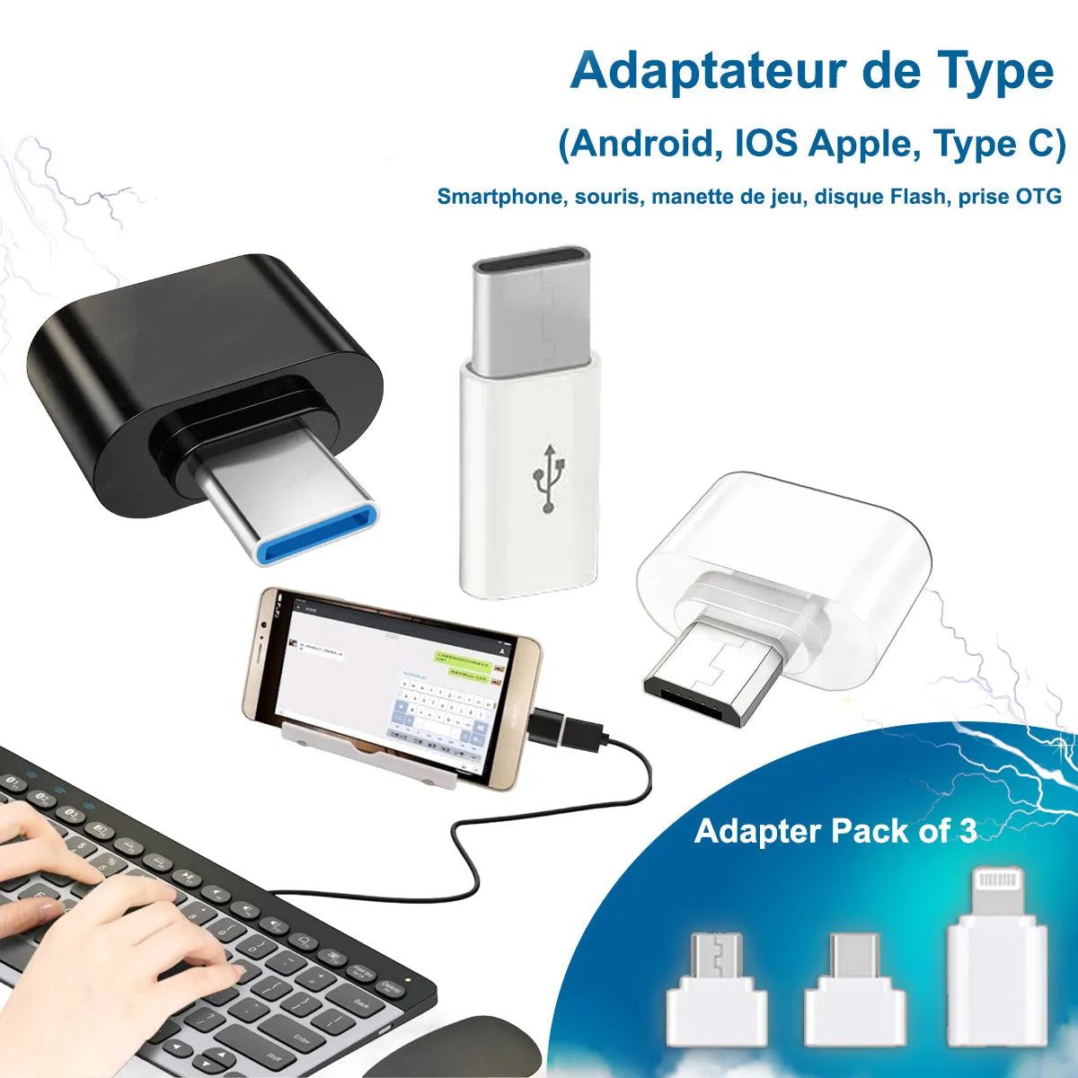 Pack de 3 Adaptateur pour iPhone ,USB ,Type-C - SQES