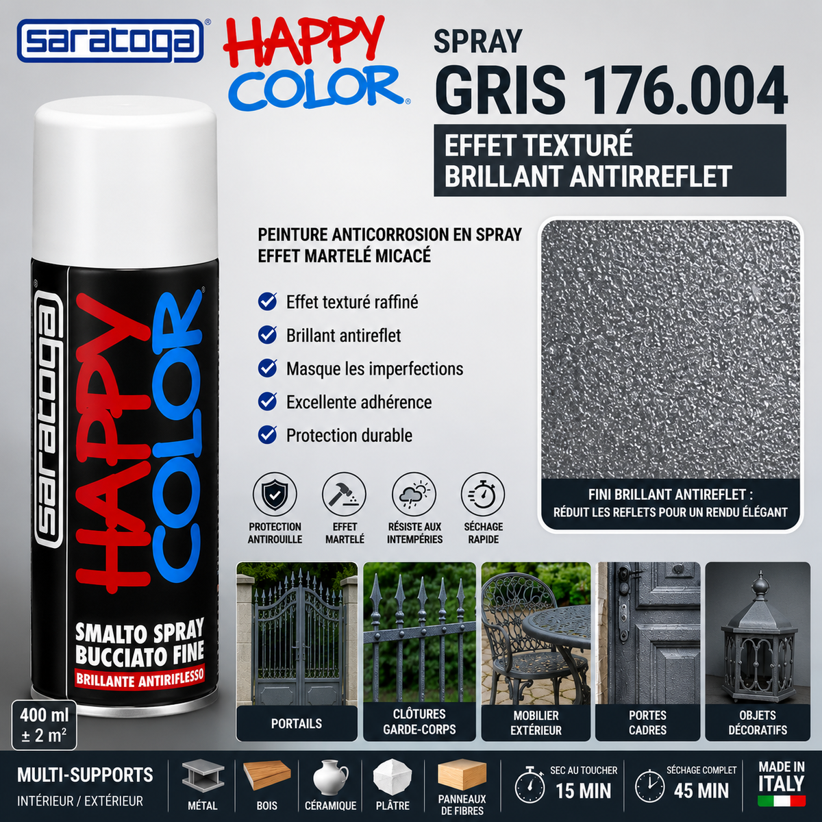 Spray Saratoga Happy Color Bucciato Gris 176.004 effet texturé brillant antireflet pour bois, métal et objets décoratifs.