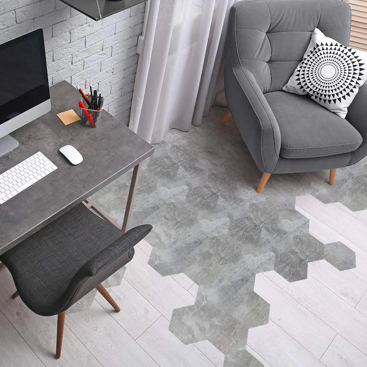 Panneaux autocollants de sol en PVC (6 pcs) imperméables et antidérapants hexagonaux 23cmx20cm, Gris - SQES