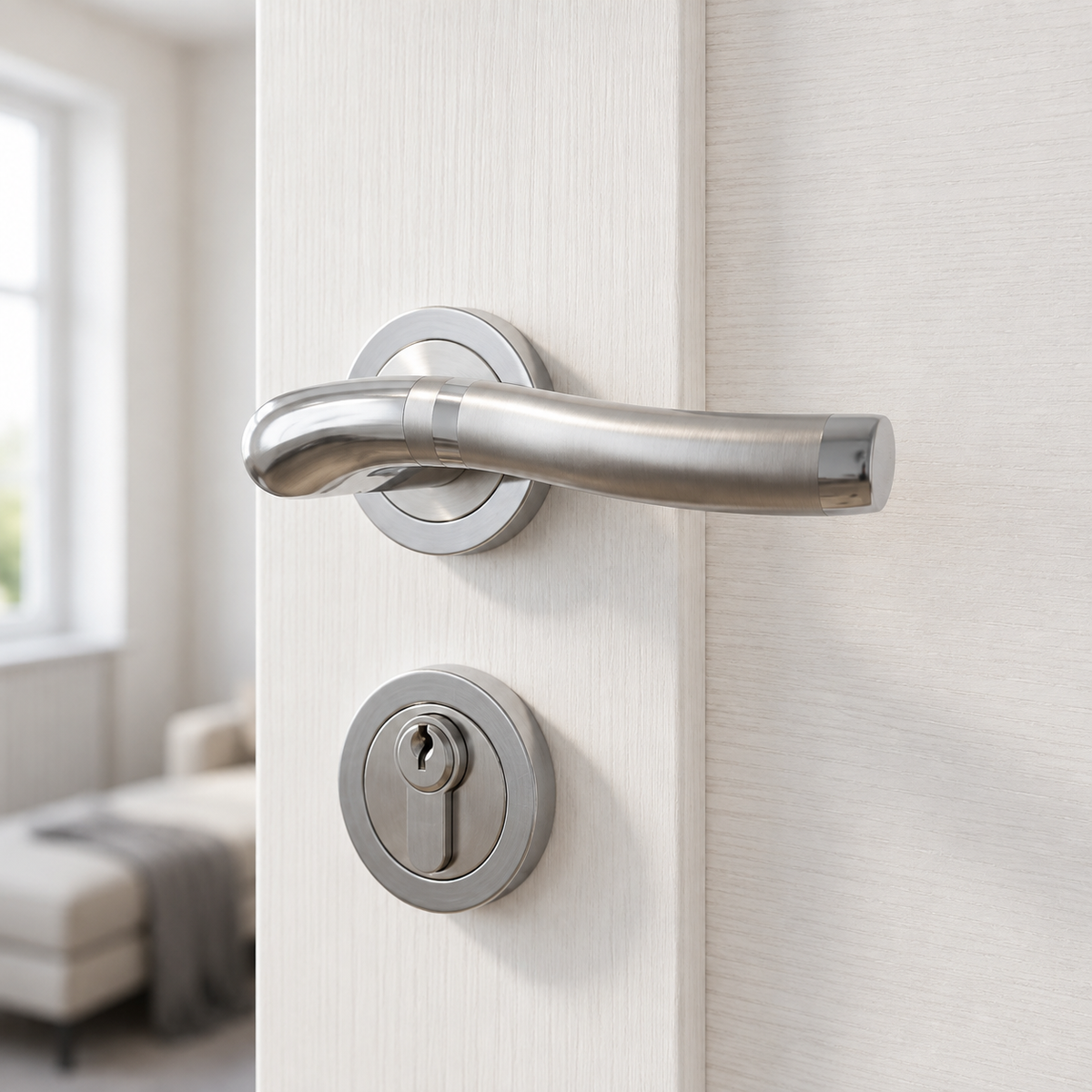 Vue rapprochée poignée porte MARIANA ECO chromé sur rosace ronde RIVE BLOC – sqes menzah 8 bricolage meilleur prix en tunisie
