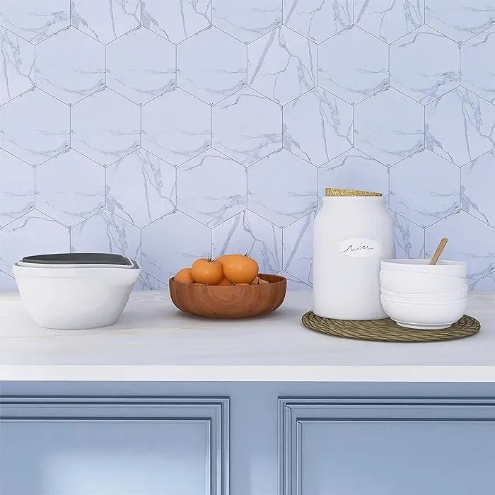 Panneaux autocollants de sol en PVC (6 pcs) imperméables et antidérapants hexagonaux 23cmx20cm, Blanc marbre - SQES