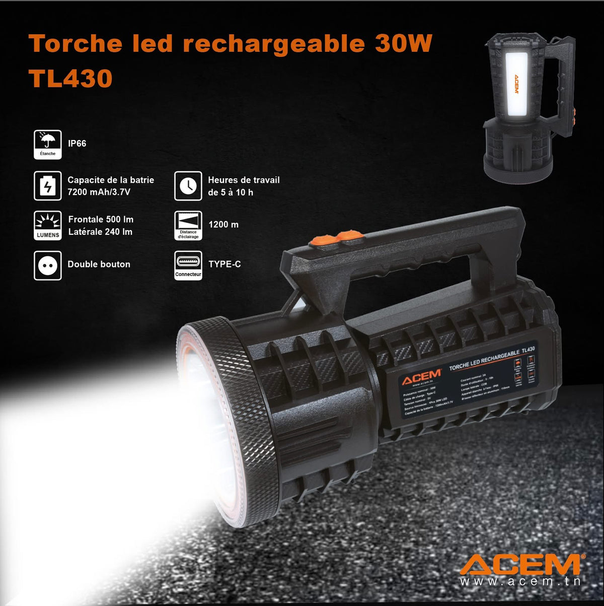 Torche LED Rechargeable 30W ACEM TL430 – IP66