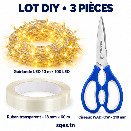 Lot DIY 3 pièces : guirlande LED 10 m, ciseaux et ruban