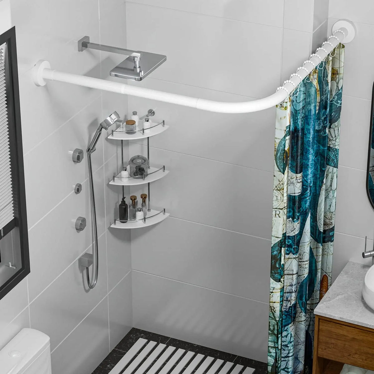 Barre de douche d'angle Tringle universelle Aluminium Blanc 90cmx90cm - SQES