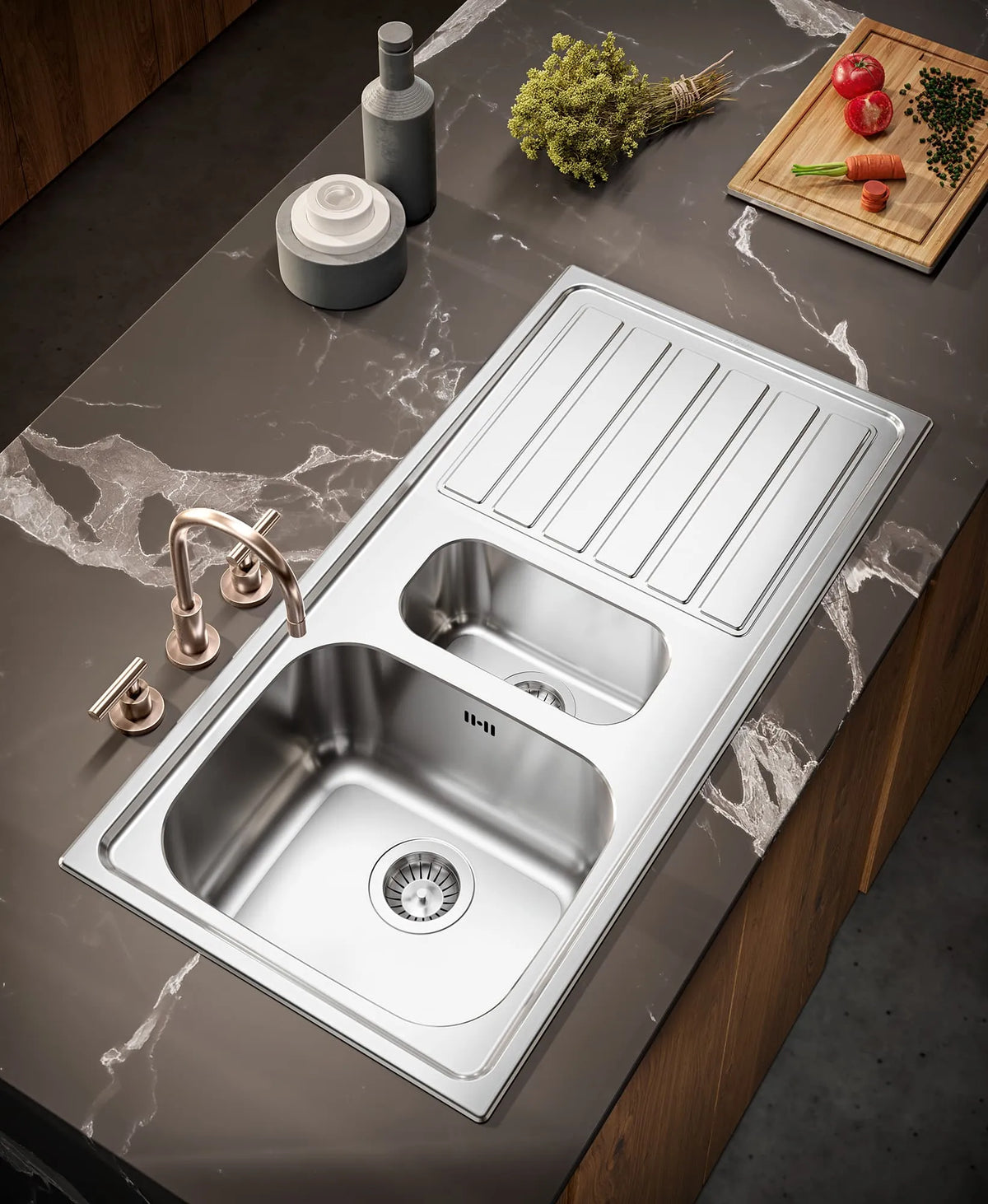 Evier Inox 100x50 cm - 1 Grande Cuve + 1/2 Cuve + Égouttoir Encastrable | Banka Sinks - SQES