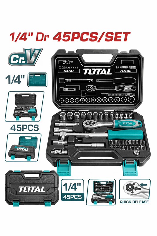 Coffret douilles TOTAL THT121251 45 pièces 1/4 pouce Cr-V clé à cliquet 45T 20 embouts – SQES Tunisie
