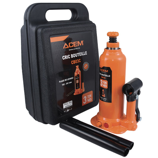 Cric Bouteille Hydraulique ACEM® 3T avec Boîte Plastique - 190mm