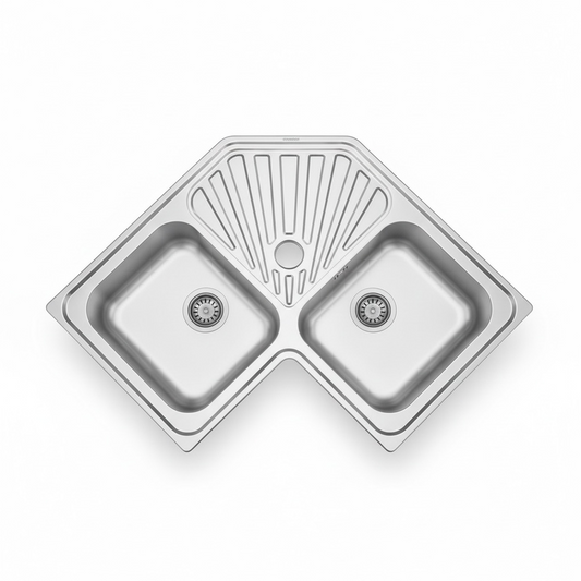 Évier d'Angle en Inox 2 Cuves avec Égouttoir 830x830mm