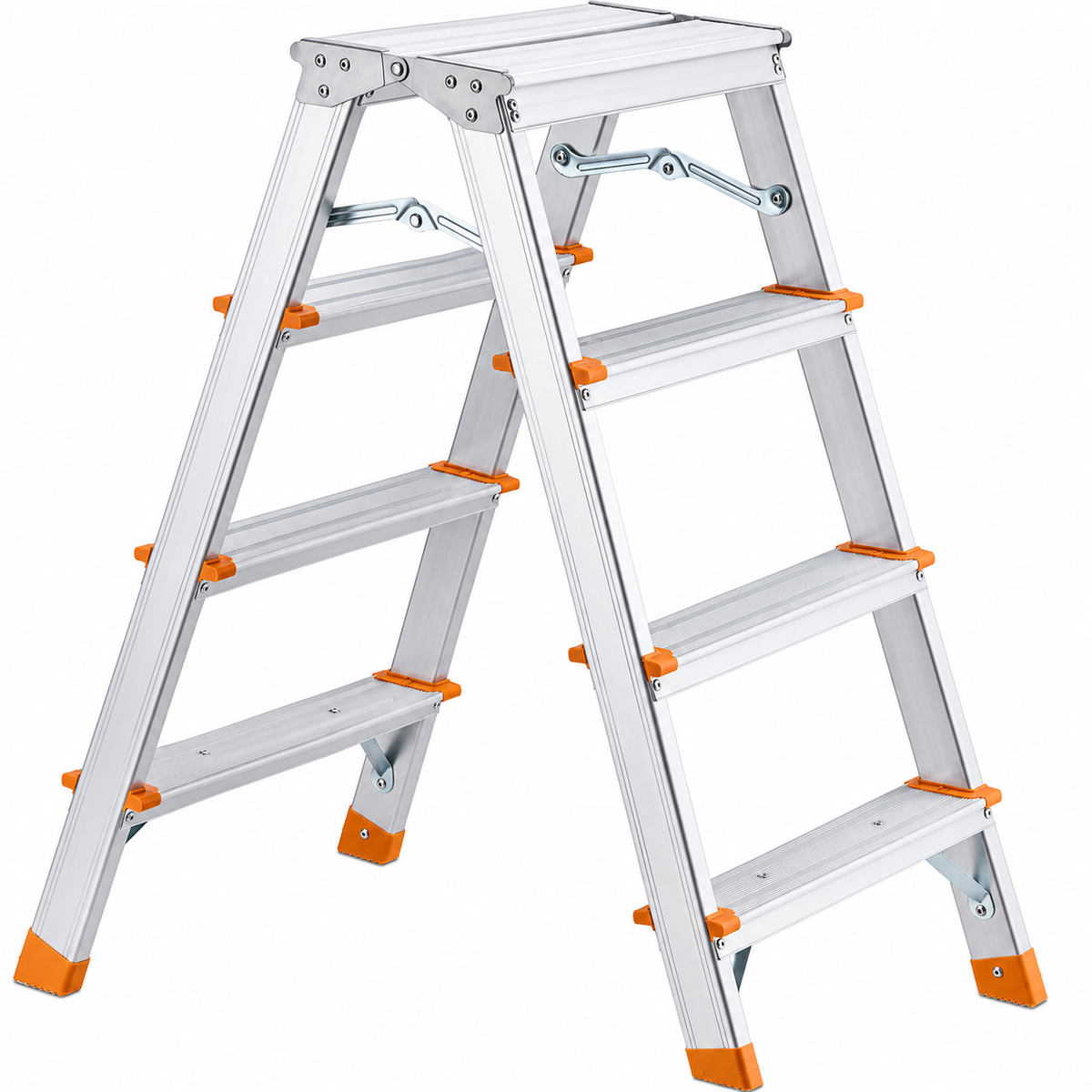 Escabeau pliable en aluminium à 4 marches, finition argentée avec embouts orange antidérapants, présenté sur fond blanc en format carré 1:1.