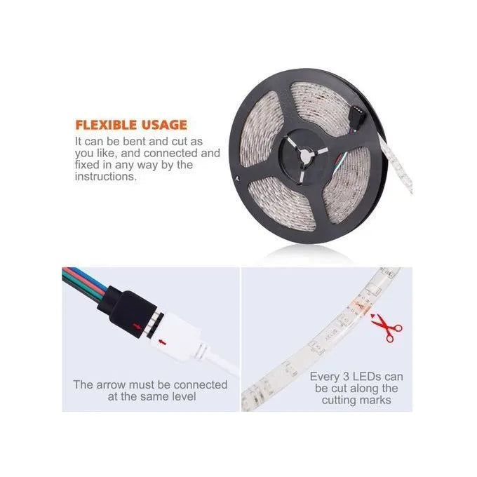 Ruban LED RGB 5m, smd5050 étanche, 16 couleurs, avec télécommande - SQES