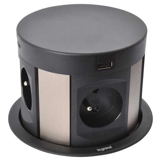 Incara Tower 120 Ø121mm à encastrer dans mobilier avec 4 prises 2P+T , 4 chargeurs USB et cordon - SQES