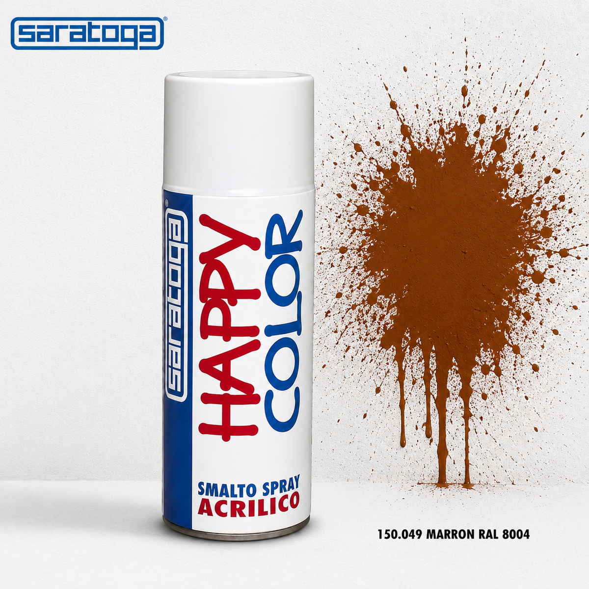 Peinture spray acrylique Saratoga Happy Color Marron RAL 8004 avec effet splash de peinture sur mur, aérosol décoratif pour bois, métal, mur et projets de bricolage DIY.