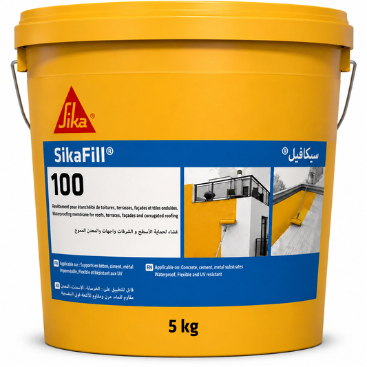 SikaFill®-100 Blanc 5kg, revêtement étanchéité souple monocomposant toitures et façades. Pontage fissures, béton, zinc, terre cuite. SQES Tunisie.