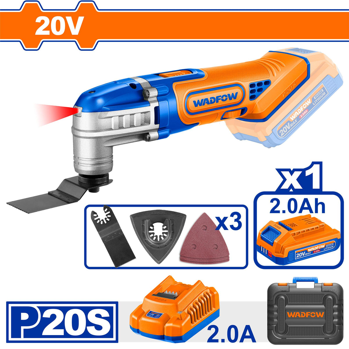 Scie Multifonction Sans Fil 20V 6 Vitesses  avec Batterie 2.0Ah et Accessoires