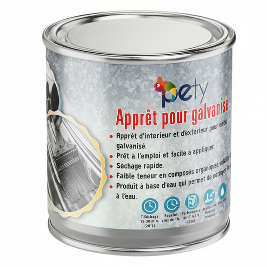 Apprêt galvanisé PETY base eau – adhérence exceptionnelle acier galvanisé, anti-corrosion, compatible soudure et oxycoupage, disponible en 250ml et 750ml

