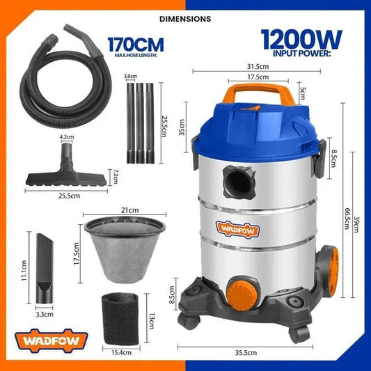 Aspirateur Eau & Poussière WADFOW WVR4A30 — 30L 1200W Soufflage Filtre Tissu Chantier Atelier Garage | SQES Tunisie
