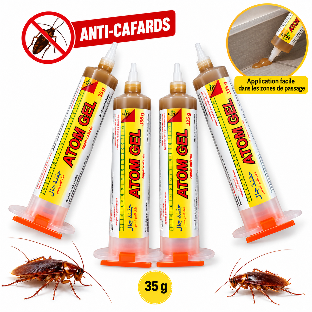 Seringues de gel anti-cafards ATOM GEL LTH de 35 g avec illustration de l’application du gel
