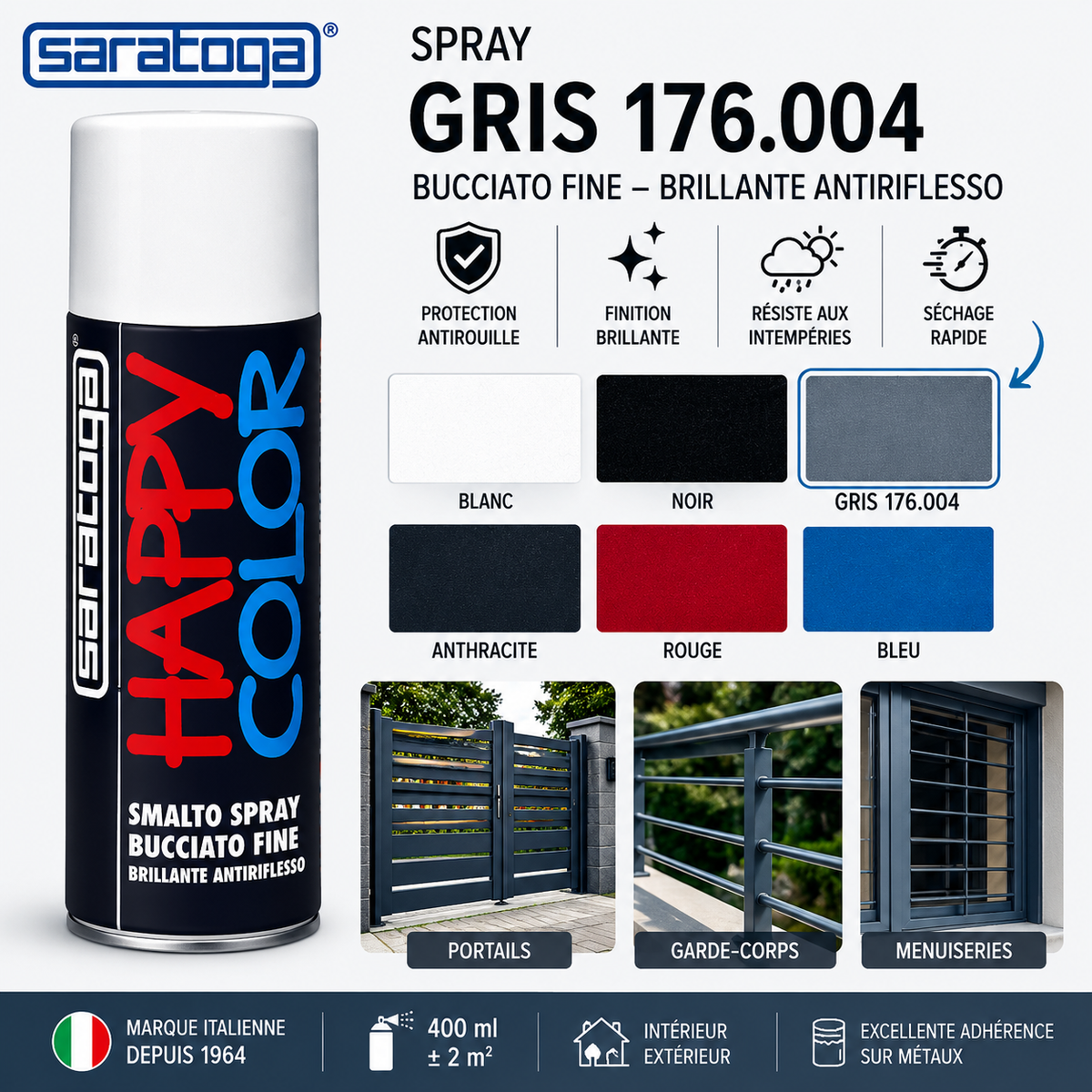 Spray Saratoga Happy Color Bucciato Gris 176.004 effet texturé brillant antireflet pour bois, métal et objets décoratifs.