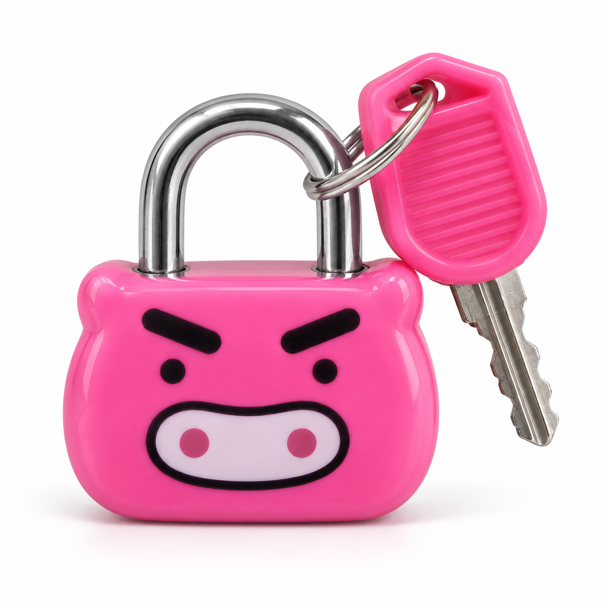 Mini cadenas BAGLOCK cochon rose 23 mm, vu de face avec clé à tête rose sur fond blanc | SQES Tunisie
