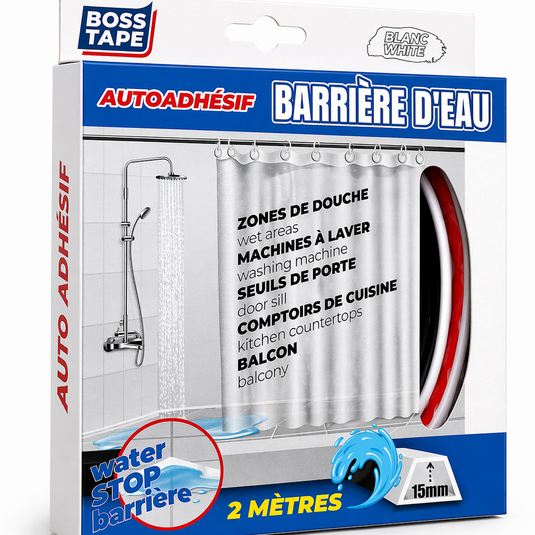 Barrière eau BOSS TAPE blanche 30mm x 2m, adhésive, stop fuites douche et baignoire. Installation facile sans outils. SQES Ariana Menzah 8 Tunisie.