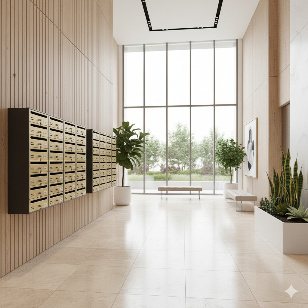 Boîtes postales SQES dans hall moderne avec baies vitrées