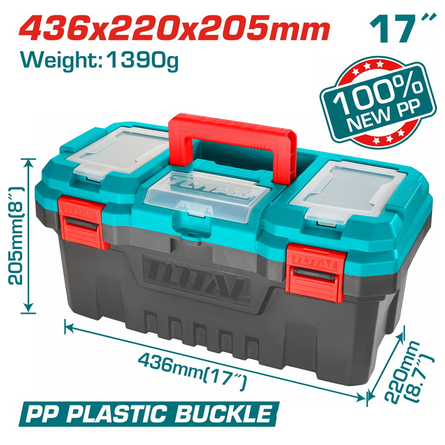 Boîte à outils TOTAL TPBX0171 17" (436x220x205mm) – PP haute qualité, charge 15kg, plateau amovible, règle intégrée, 3 compartiments, boucle PP
