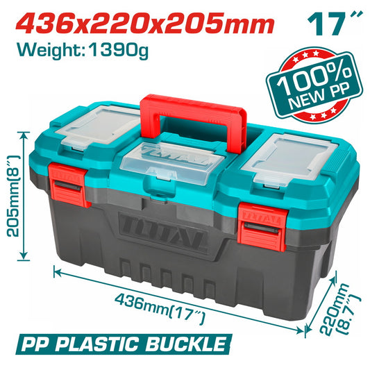 Boîte à outils TOTAL TPBX0171 17" (436x220x205mm) – PP haute qualité, charge 15kg, plateau amovible, règle intégrée, 3 compartiments, boucle PP
