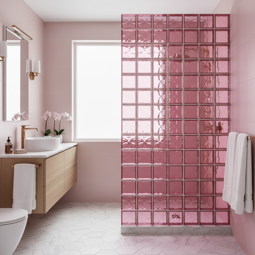 Cabine douche briques de verre rose