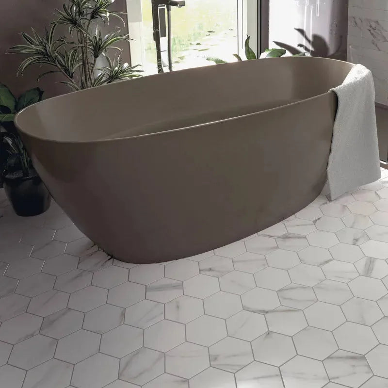 Panneaux autocollants de sol en PVC (6 pcs) imperméables et antidérapants hexagonaux 23cmx20cm, Blanc marbre - SQES