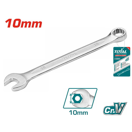 Clé mixte TOTAL acier Cr-V chromé mat – double embout fourche & œil cranté, 10mm, mécanique bricolage plomberie
