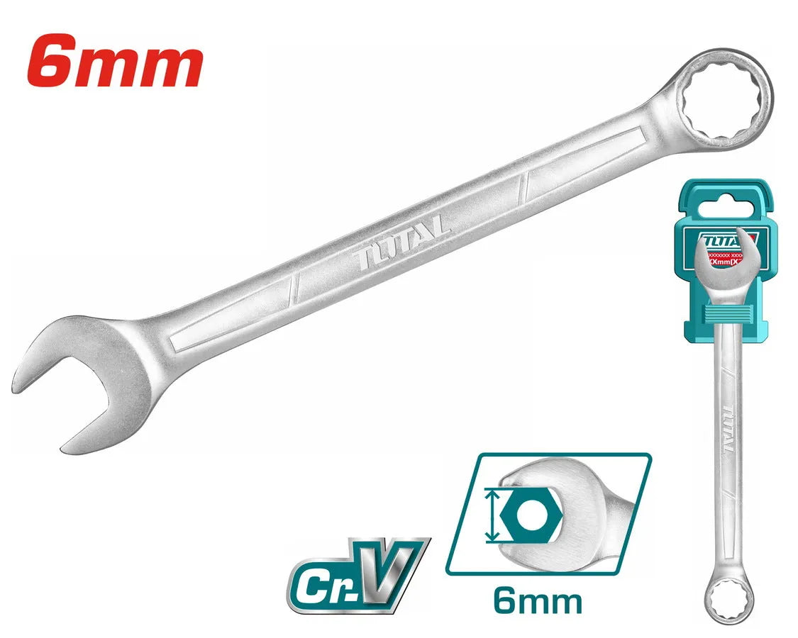 Clé mixte TOTAL acier Cr-V chromé mat – double embout fourche & œil cranté,  6mm, mécanique bricolage plomberie
