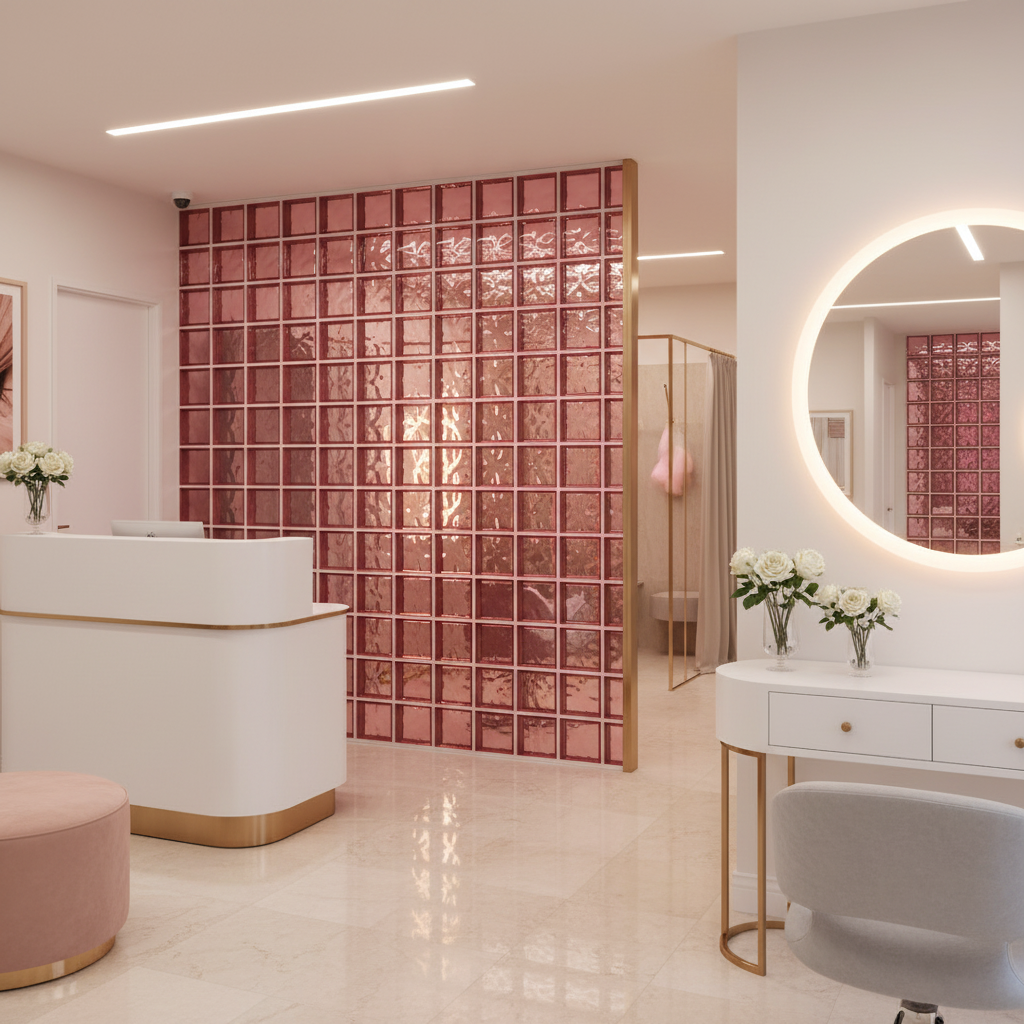 Cloison briques de verre rose boutique