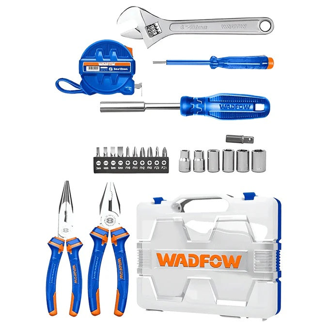Coffret d’outils WADFOW WHS2B23 de 23 pièces, avec pinces, mètre ruban 3 m, clé réglable, embouts, douilles et mallette plastique pour bricolage et entretien domestique | SQES Tunisie
