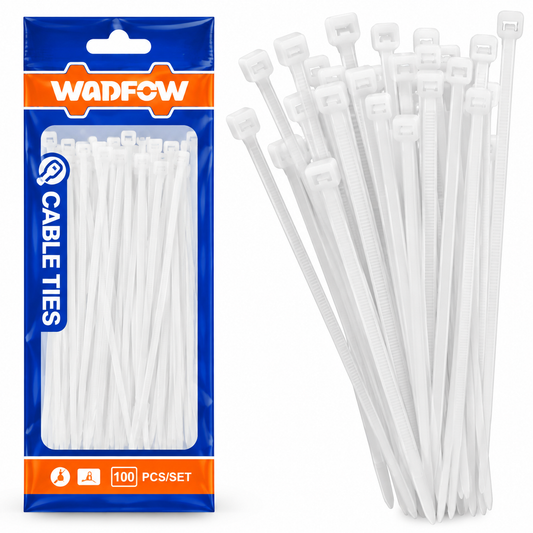 Colliers de serrage plastique blancs WADFOW WTE315025, WTE320036, WTE325048 et WTE335048, sachets de 100 pièces, dimensions 150 × 2,5, 200 × 3,6, 250 × 4,8 et 350 × 4,8 mm pour organiser les câbles | SQES Tunisie
