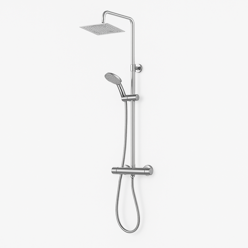 Colonne de douche réglable acier inoxydable 304 FRAMO – pomme XXL 200x200mm effet pluie, mitigeur thermostatique 2 sorties anti-brûlure, kit complet
