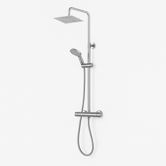 Colonne de douche réglable acier inoxydable 304 FRAMO – pomme XXL 200x200mm effet pluie, mitigeur thermostatique 2 sorties anti-brûlure, kit complet
