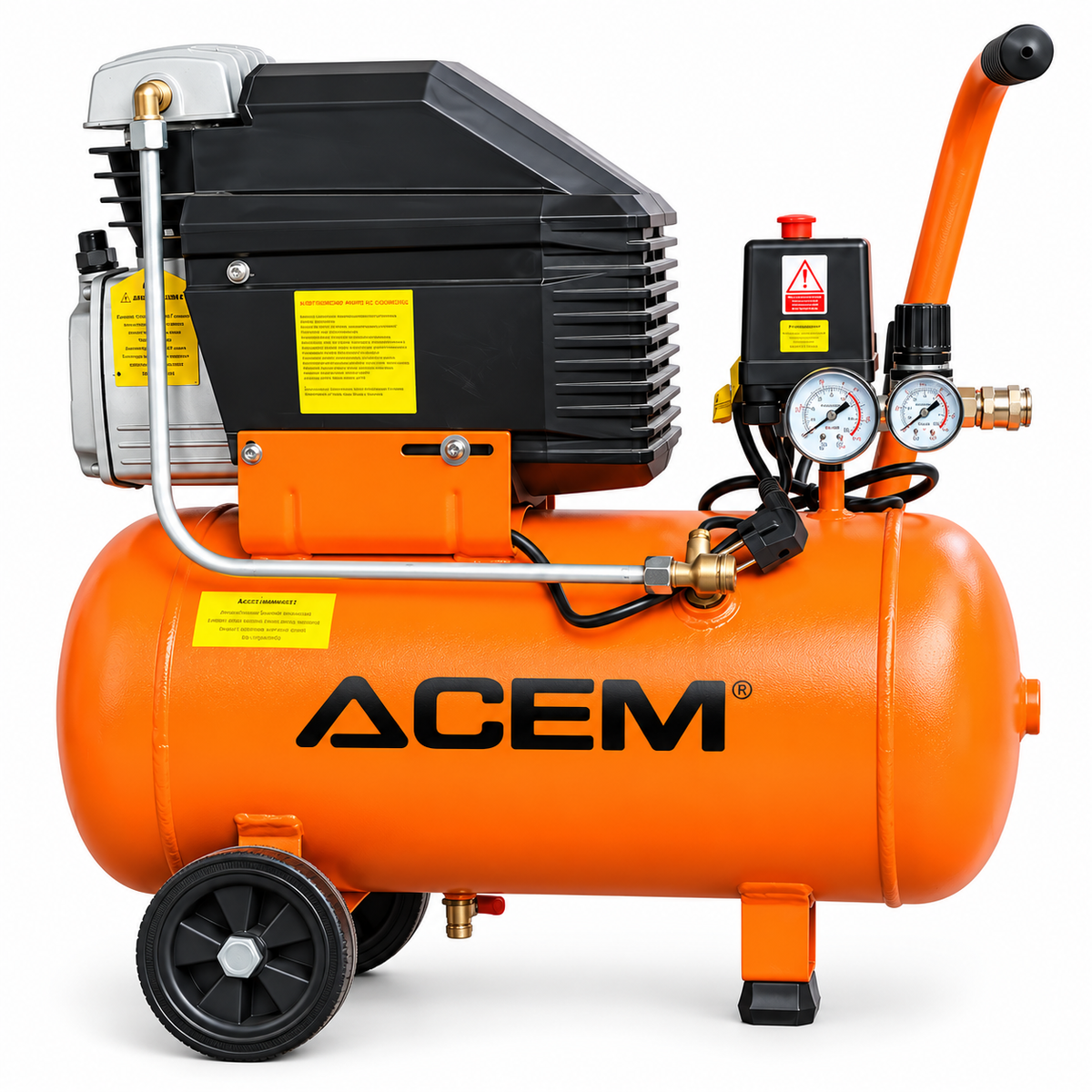 Compresseur d'air ACEM C024L 24 litres 2 HP, cuve orange et manomètres
