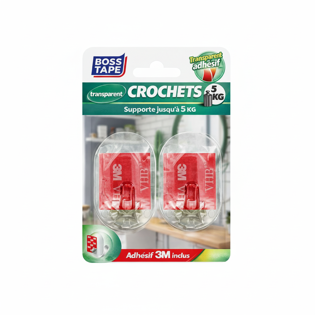 Crochet mural transparent Boss Tape 45mm x 65mm lot de 2 – auto-adhésif sans perçage, salle de bain, cuisine et entrée
