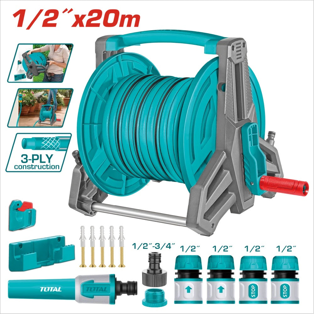 Dévidoir tuyau TOTAL THHR20124 20m mural – tuyau PVC 1/2" triple couche, support aluminium, 4 raccords rapides, poignée ergonomique pliable