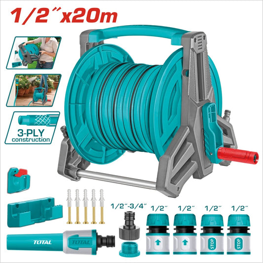 Dévidoir tuyau TOTAL THHR20124 20m mural – tuyau PVC 1/2" triple couche, support aluminium, 4 raccords rapides, poignée ergonomique pliable