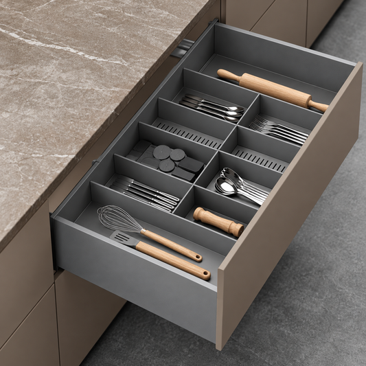 Kit TANDEM BOX 500 × 126 mm Gris Mat, Soft Close, sortie totale, charge 40 kg et réglages 3D.
